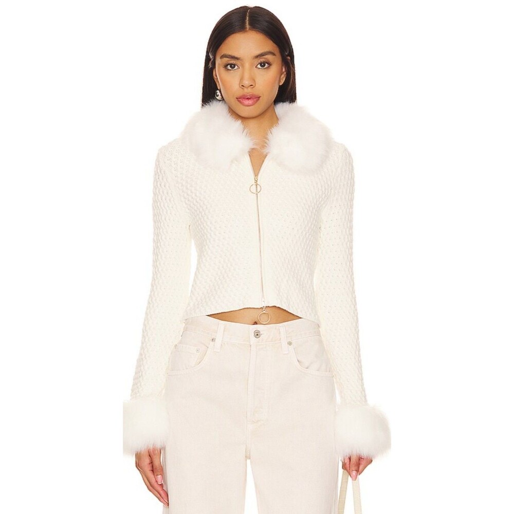 Show Me Your Mumu Zermatt Zip Up Sweater White Pebble Small Faux Fur Trim (G12)